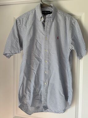Ralph Lauren Blue Check Button Down Shirt | Classic Fit Short Sleeve Size S